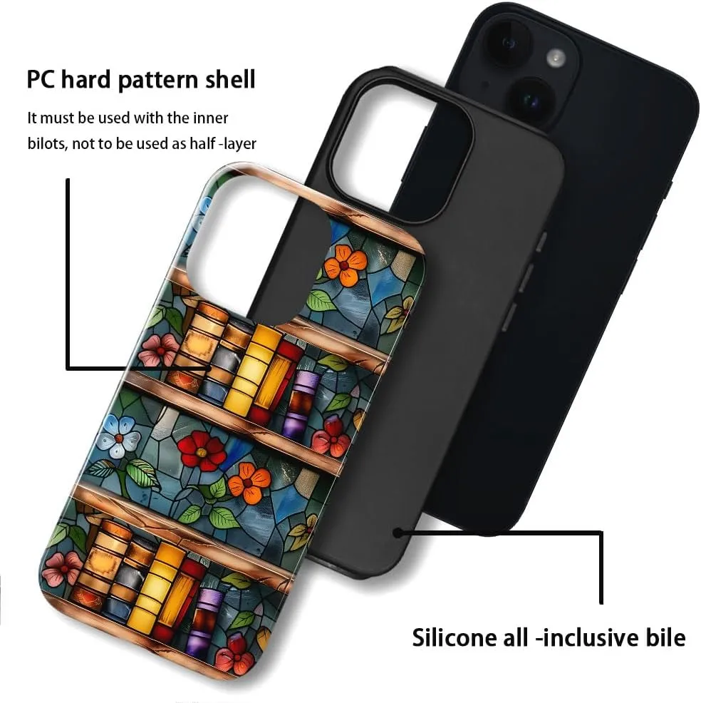 Case Compatible with iPhone 13 - Glossy Hybrid Durable Shockproof Cover,Cases for Woman Girl - Glass Floral Book Stained