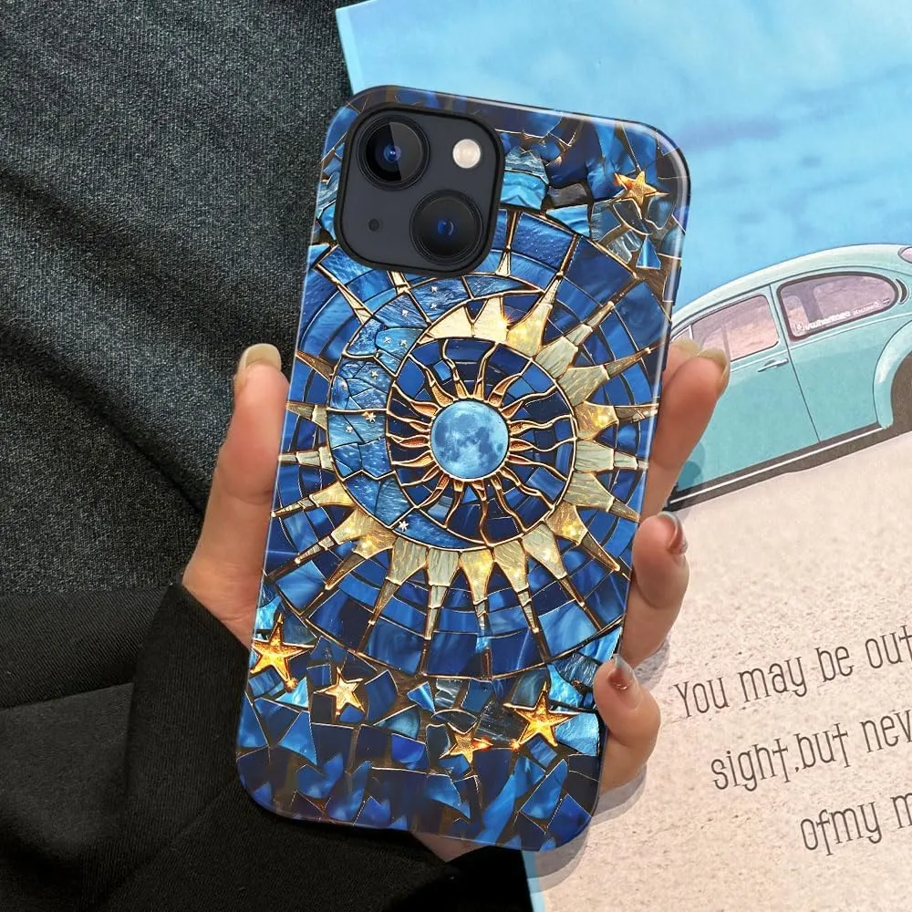 Case Compatible with iPhone 13 - Glossy Hybrid Durable Shockproof Cover,Cases for Woman Girl - Moon Stars Stained Glass Celestial