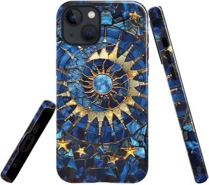 Case Compatible with iPhone 13 - Glossy Hybrid Durable Shockproof Cover,Cases for Woman Girl - Moon Stars Stained Glass Celestial