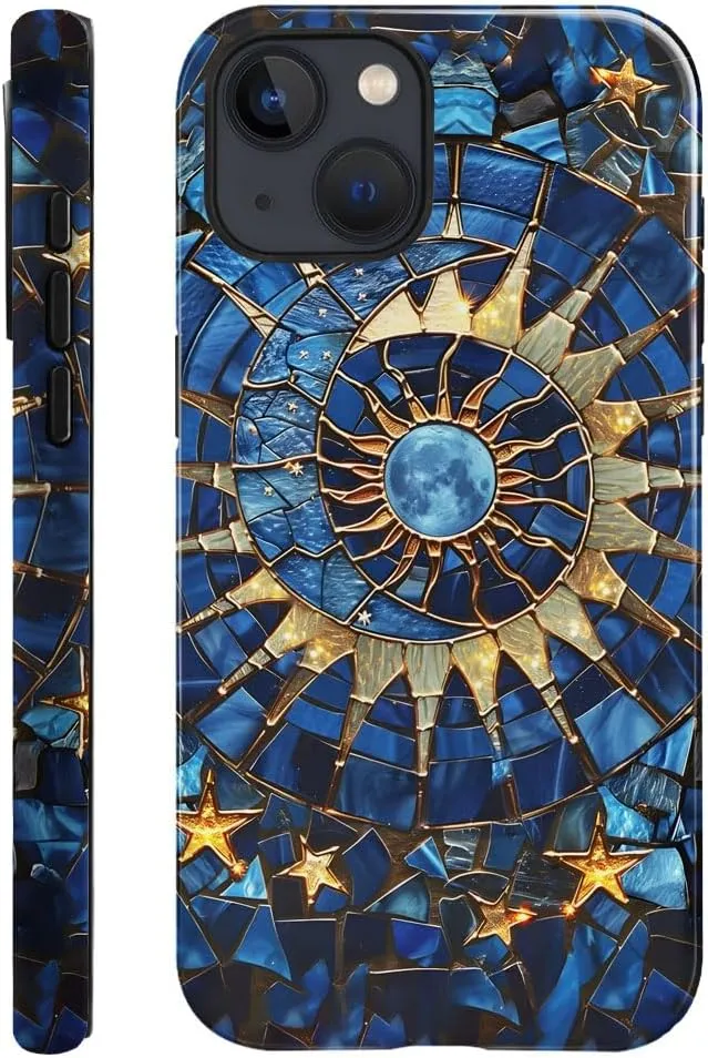 Case Compatible with iPhone 13 - Glossy Hybrid Durable Shockproof Cover,Cases for Woman Girl - Moon Stars Stained Glass Celestial