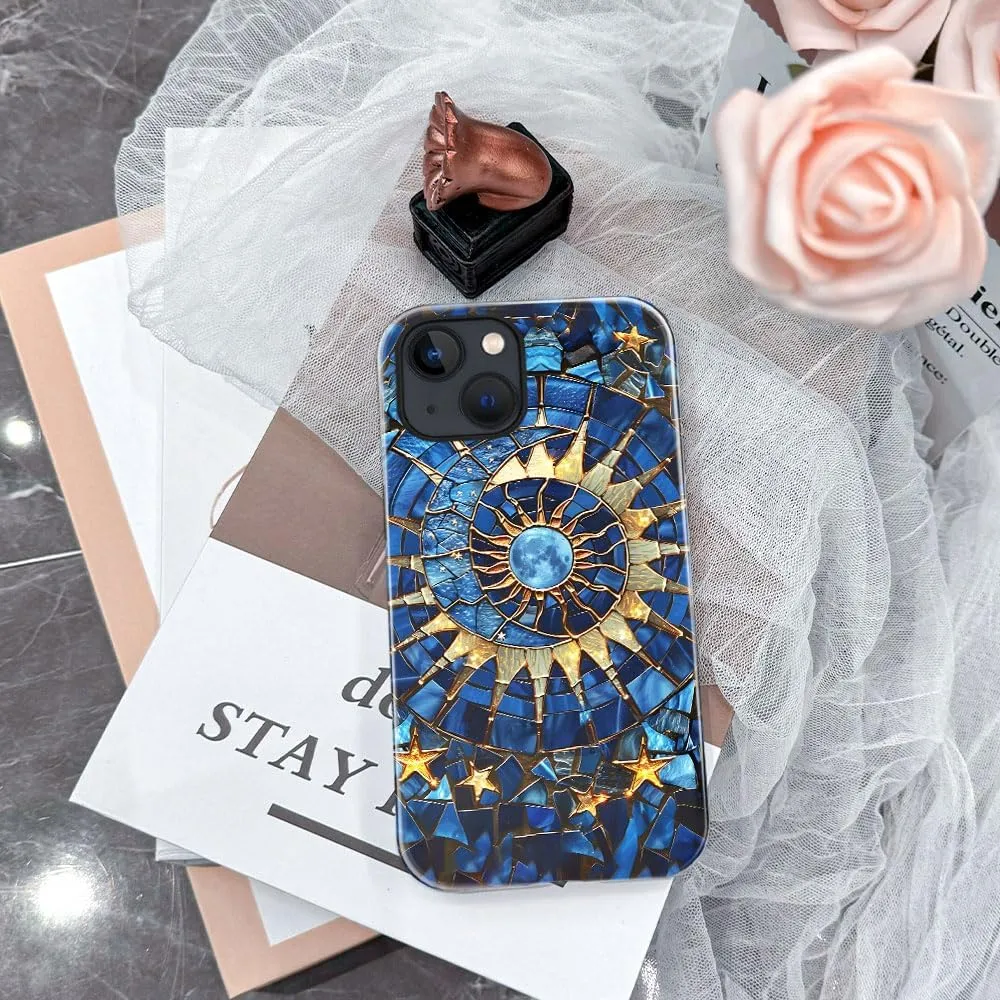 Case Compatible with iPhone 13 - Glossy Hybrid Durable Shockproof Cover,Cases for Woman Girl - Moon Stars Stained Glass Celestial