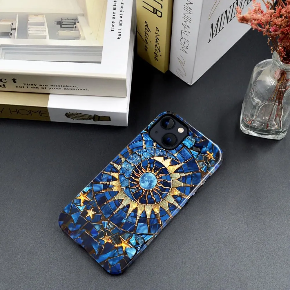 Case Compatible with iPhone 13 - Glossy Hybrid Durable Shockproof Cover,Cases for Woman Girl - Moon Stars Stained Glass Celestial