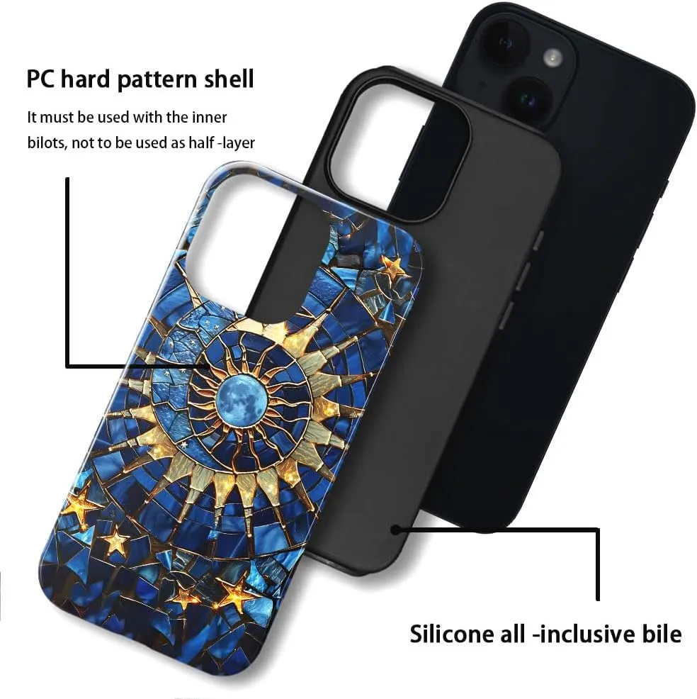 Case Compatible with iPhone 13 - Glossy Hybrid Durable Shockproof Cover,Cases for Woman Girl - Moon Stars Stained Glass Celestial
