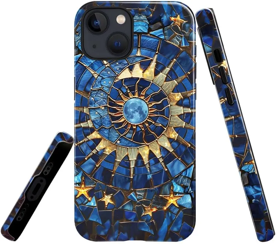 Case Compatible with iPhone 13 - Glossy Hybrid Durable Shockproof Cover,Cases for Woman Girl - Moon Stars Stained Glass Celestial