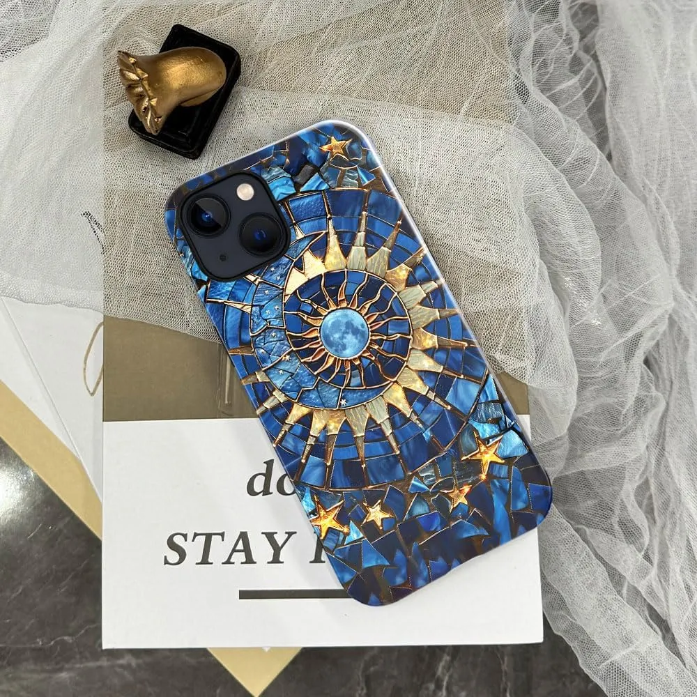 Case Compatible with iPhone 13 - Glossy Hybrid Durable Shockproof Cover,Cases for Woman Girl - Moon Stars Stained Glass Celestial