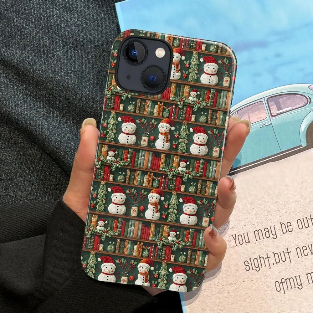 Case Compatible with iPhone 13 - Glossy Hybrid Durable Shockproof Cover,Cases for Woman Girl - Snowman Christmas Book