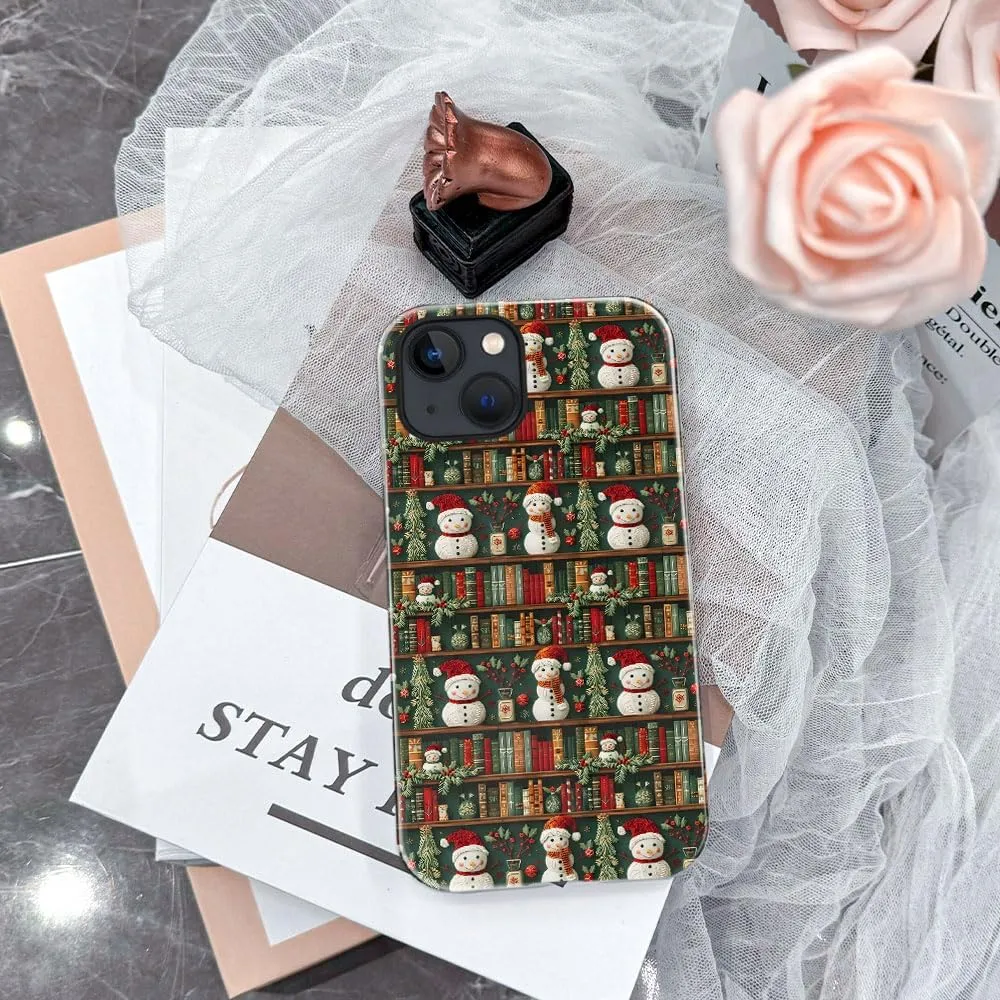 Case Compatible with iPhone 13 - Glossy Hybrid Durable Shockproof Cover,Cases for Woman Girl - Snowman Christmas Book