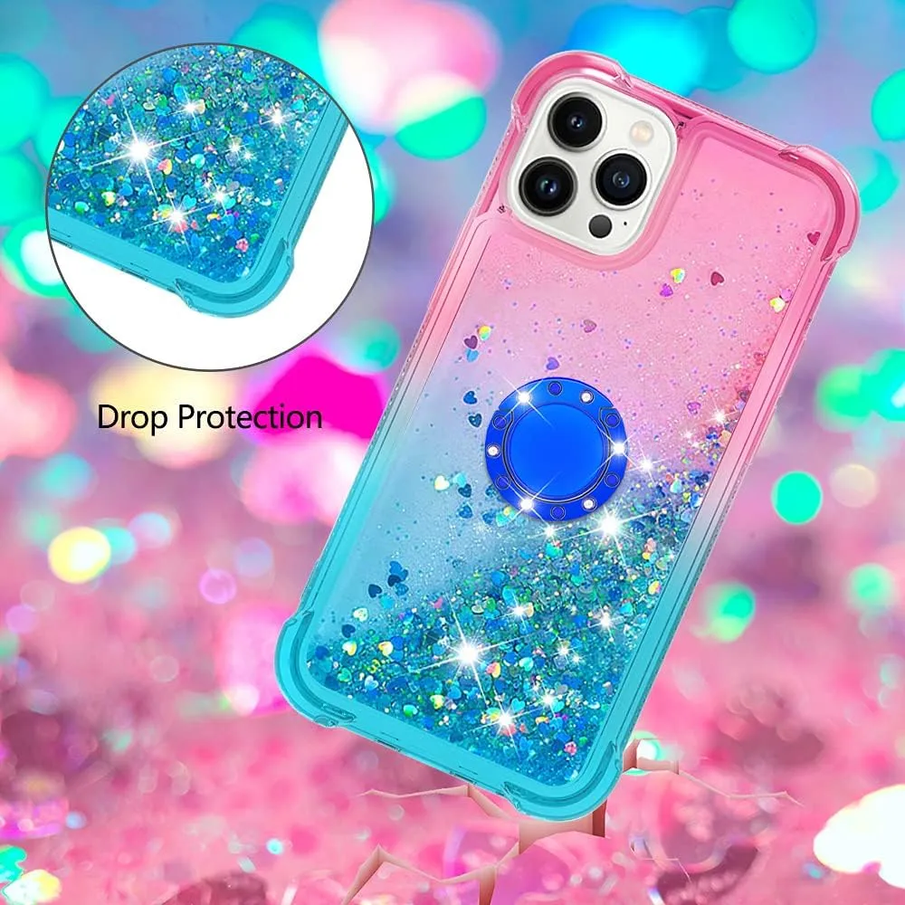 CCSmall Clear Case for iPhone 13 Pro Max with Ring Kickstand, Girls Women Bling Gradient Quicksand Glitter Flowing Liquid Floating Case Cover for iPhone 13 Pro Max JB Powder Blue