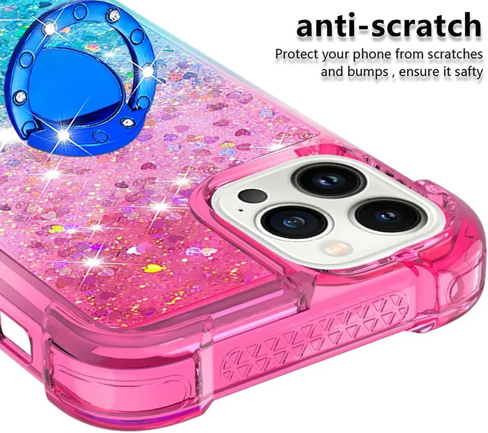CCSmall Clear Case for iPhone 13 Pro Max with Ring Kickstand, Girls Women Bling Gradient Quicksand Glitter Flowing Liquid Floating Case Cover for iPhone 13 Pro Max JB Powder Blue