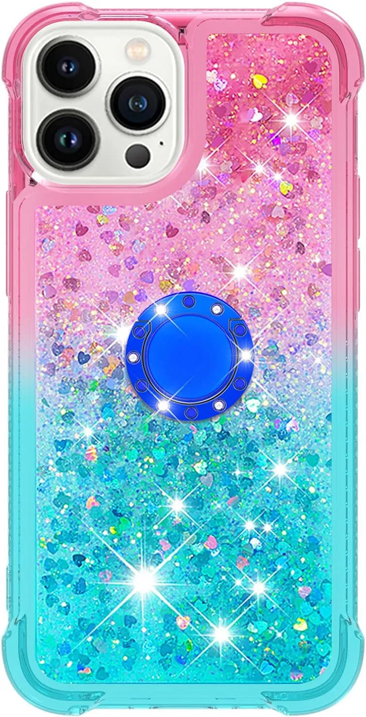 CCSmall Clear Case for iPhone 13 Pro Max with Ring Kickstand, Girls Women Bling Gradient Quicksand Glitter Flowing Liquid Floating Case Cover for iPhone 13 Pro Max JB Powder Blue