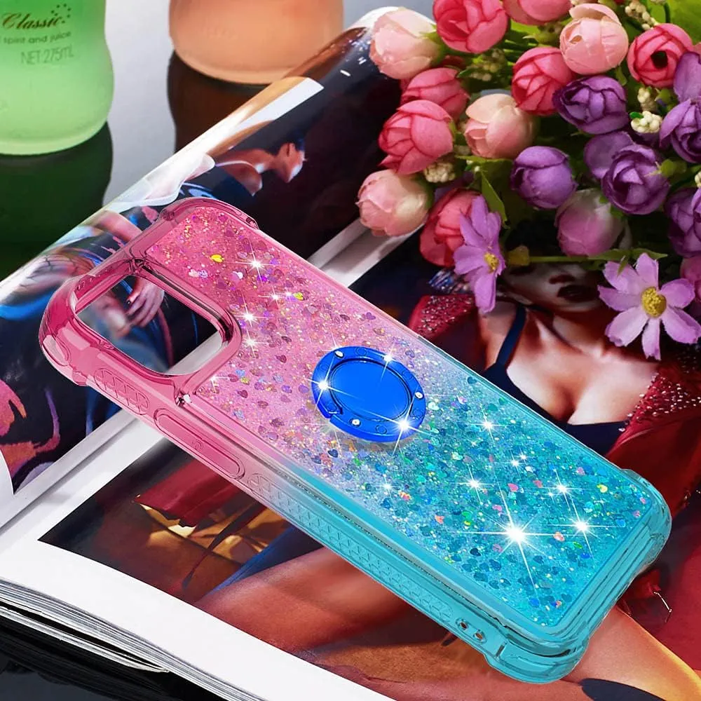CCSmall Clear Case for iPhone 13 Pro Max with Ring Kickstand, Girls Women Bling Gradient Quicksand Glitter Flowing Liquid Floating Case Cover for iPhone 13 Pro Max JB Powder Blue