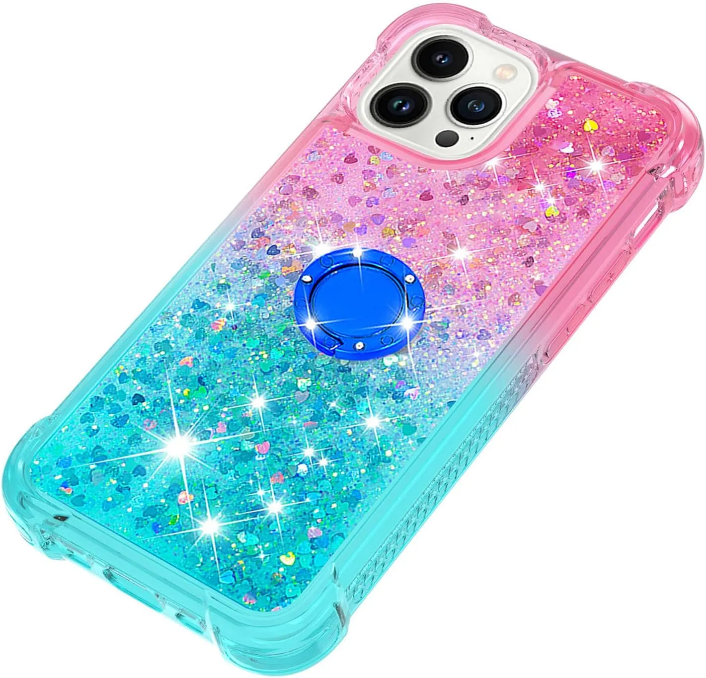 CCSmall Clear Case for iPhone 13 Pro Max with Ring Kickstand, Girls Women Bling Gradient Quicksand Glitter Flowing Liquid Floating Case Cover for iPhone 13 Pro Max JB Powder Blue
