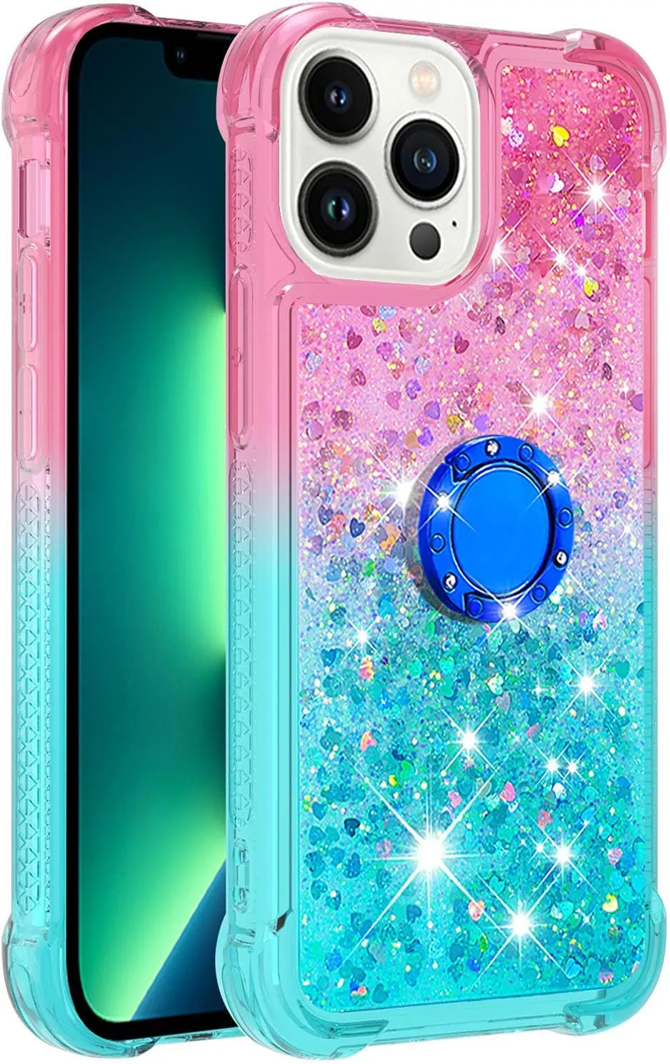 CCSmall Clear Case for iPhone 13 Pro Max with Ring Kickstand, Girls Women Bling Gradient Quicksand Glitter Flowing Liquid Floating Case Cover for iPhone 13 Pro Max JB Powder Blue