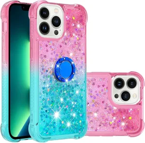 CCSmall Clear Case for iPhone 13 Pro Max with Ring Kickstand, Girls Women Bling Gradient Quicksand Glitter Flowing Liquid Floating Case Cover for iPhone 13 Pro Max JB Powder Blue
