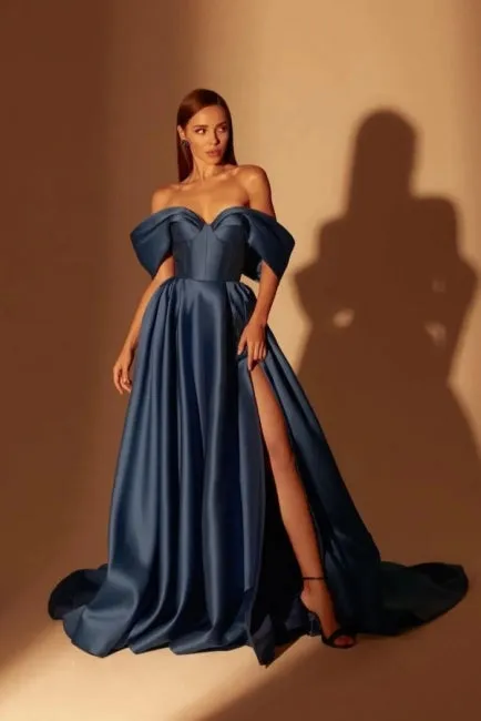 Classy Long Navy Blue A-line Off-the-shoulder Prom Dresses With Split Online