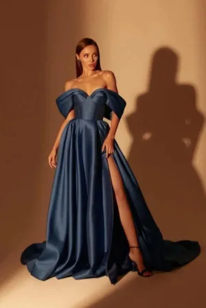 Classy Long Navy Blue A-line Off-the-shoulder Prom Dresses With Split Online