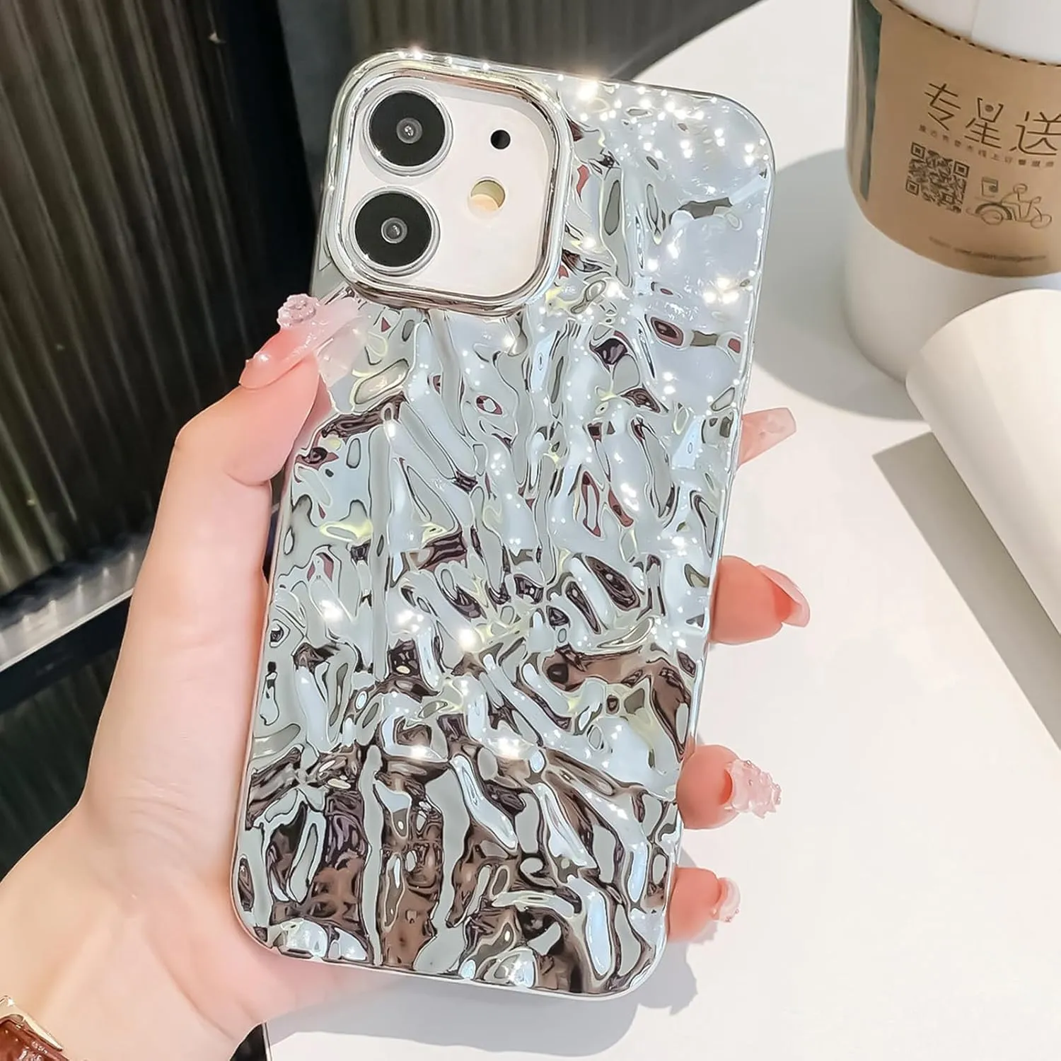 Compatible for iPhone 11 Case Cute Luxury Designer Tin Foil Pleated Phone Cover for Women Girls Electroplated Sparkly Silicone Protective Slim Fit Soft Case 6.1Inch (Glossy Silver-iPhone 11)