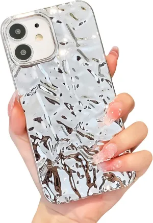 Compatible for iPhone 11 Case Cute Luxury Designer Tin Foil Pleated Phone Cover for Women Girls Electroplated Sparkly Silicone Protective Slim Fit Soft Case 6.1Inch (Glossy Silver-iPhone 11)