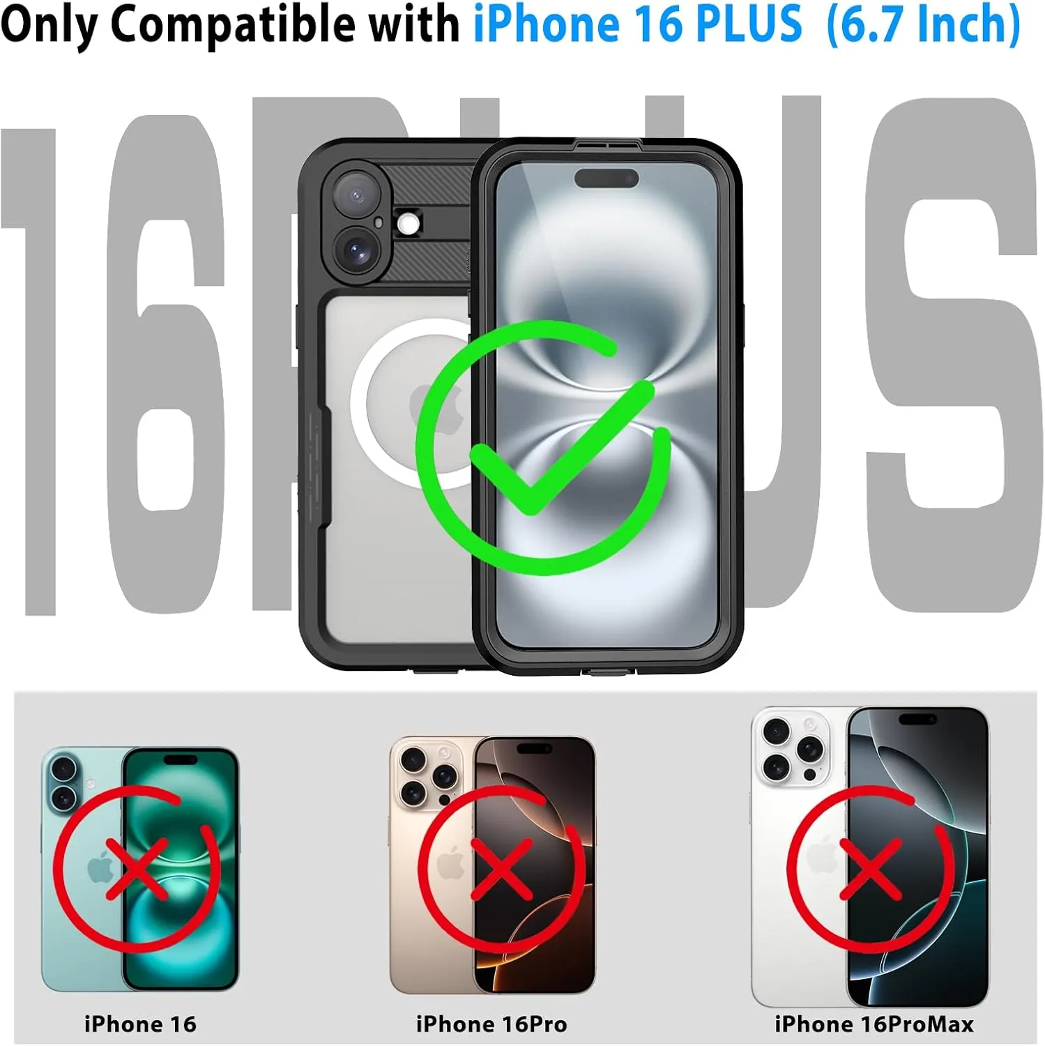 Compatible with iPhone 16 Plus Waterproof Case, Shockproof Phone Case with Built in Screen Protector, Full Body Protective Case for iPhone 16 Plus 6.7 inch 2024 (Black, 16 Plus)