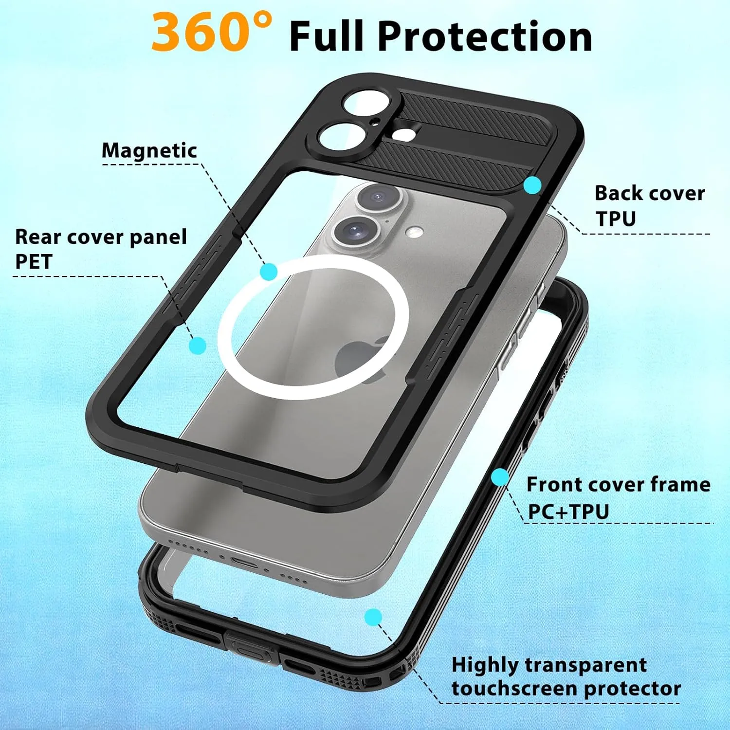 Compatible with iPhone 16 Plus Waterproof Case, Shockproof Phone Case with Built in Screen Protector, Full Body Protective Case for iPhone 16 Plus 6.7 inch 2024 (Black, 16 Plus)