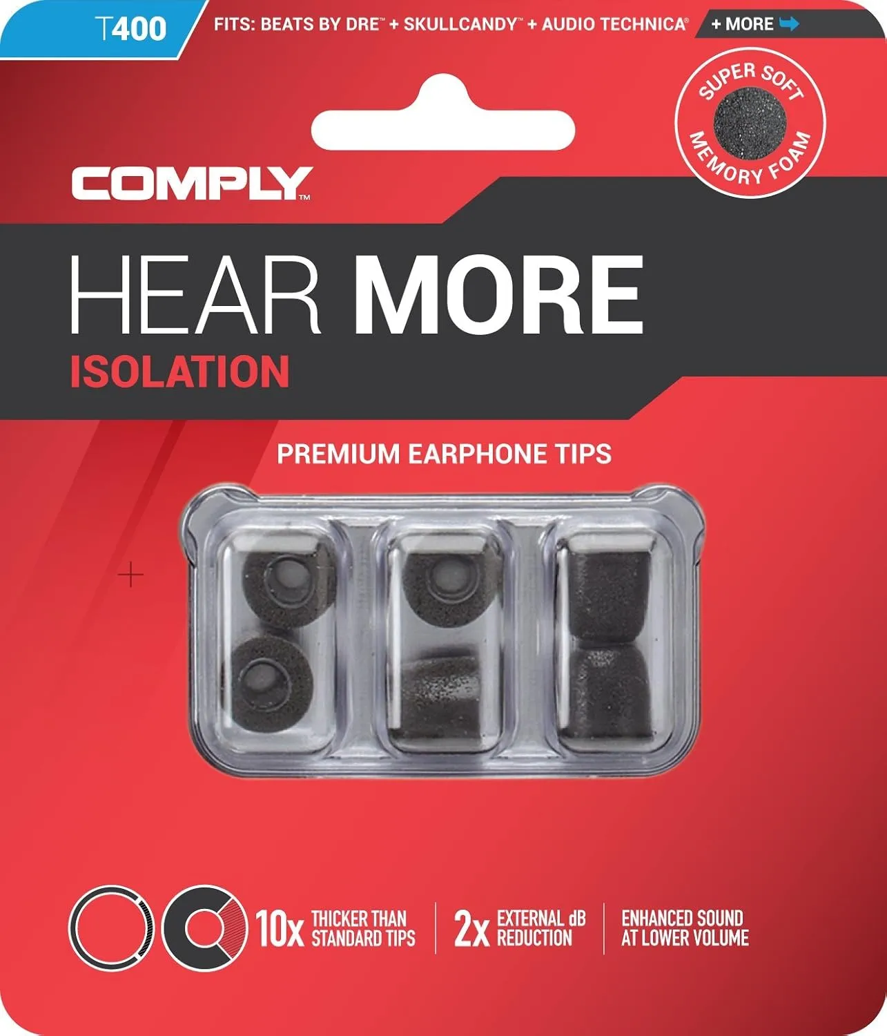 COMPLY Foam Premium Earphone Tips - Isolation T-400 (Red, 3 Pairs, Large)