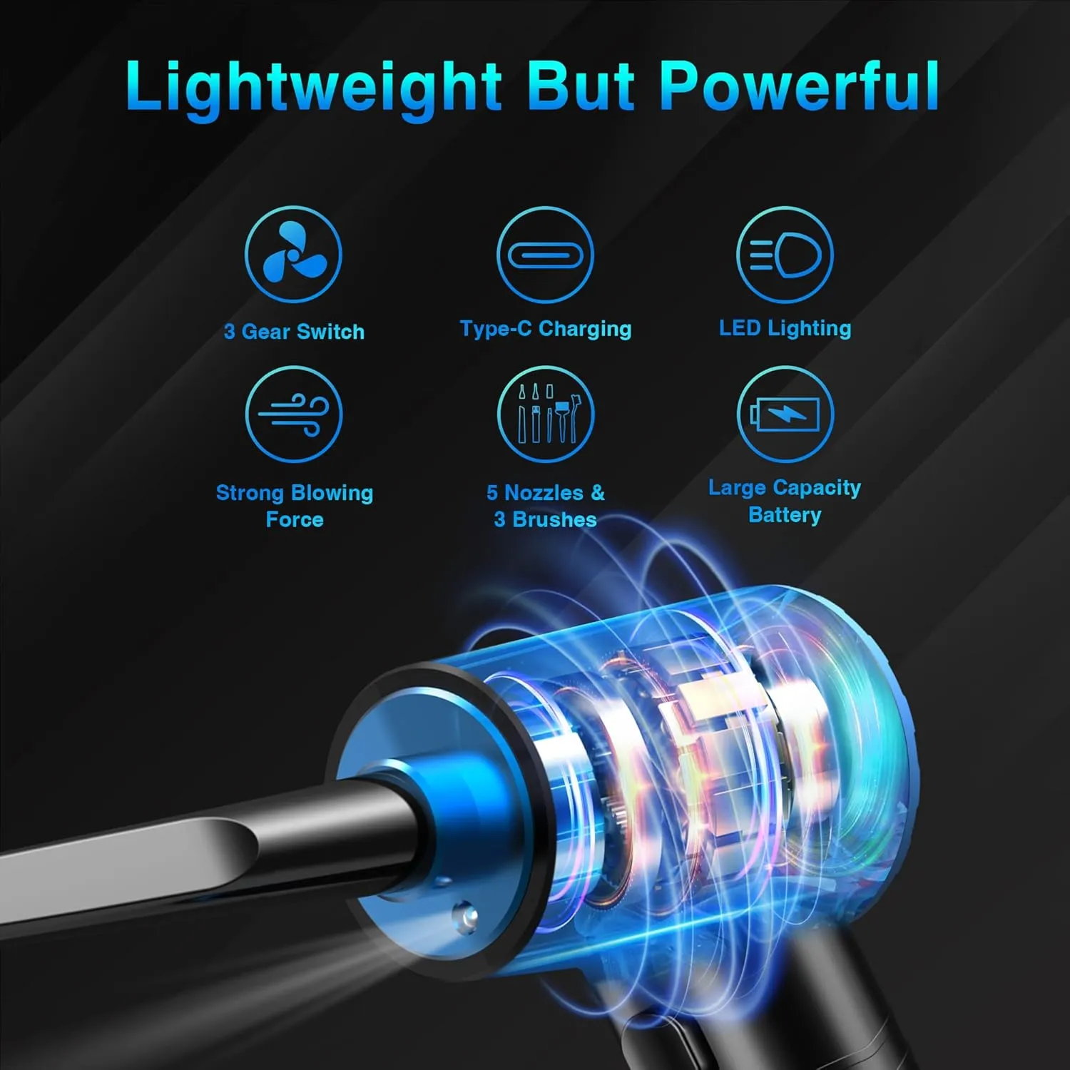 Cordless Compressed Air Duster - Rechargeable 7500mAh 91000RPM Compressed Air Blower with Led Light for Keyboard, PC, and Car Cleaning - Powerful Eco-Friendly Replacement for Canned Air Duster
