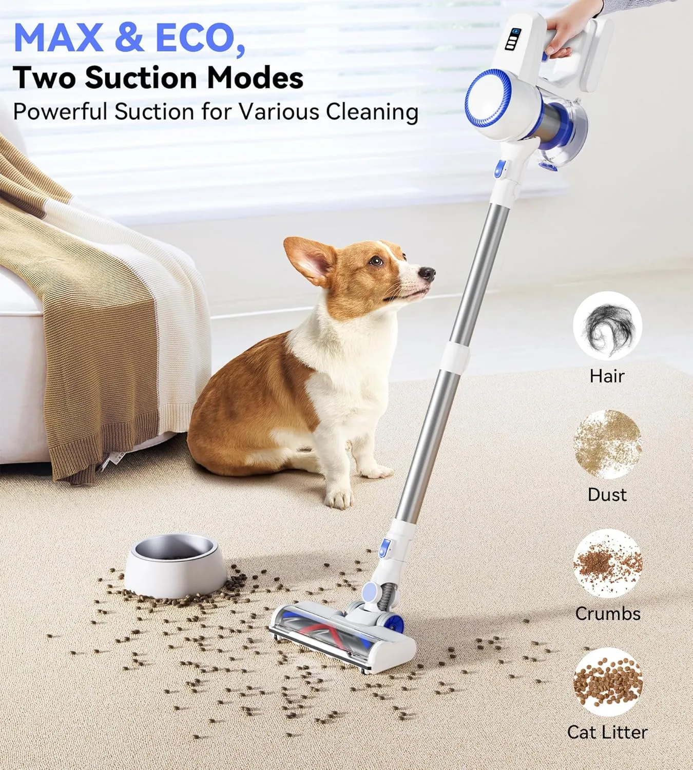 Cordless Vacuum Cleaner, 26Kpa Home Stick Vacuum, Smart Display | 1.2L Dust Cup | Anti-Tangled | 45mins Runtime, Rechargeable Handheld Vavuum for Pet Hair/Carpet/Hard Floor