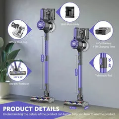 Cordless Vacuum Cleaner with HEPA Filtration, Powerful Suction, LED