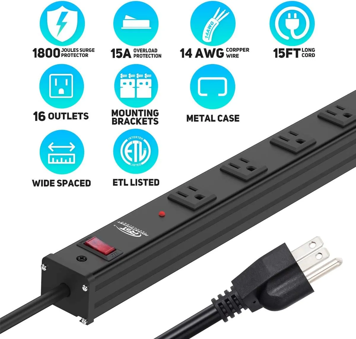 CRST Heavy Duty Surge Protector Power Strip Wide Spaced 16-Outlet 15 Feet Long Extension Cord Power with Circuit Breaker 1800 Joule for Home, Office, Commercial