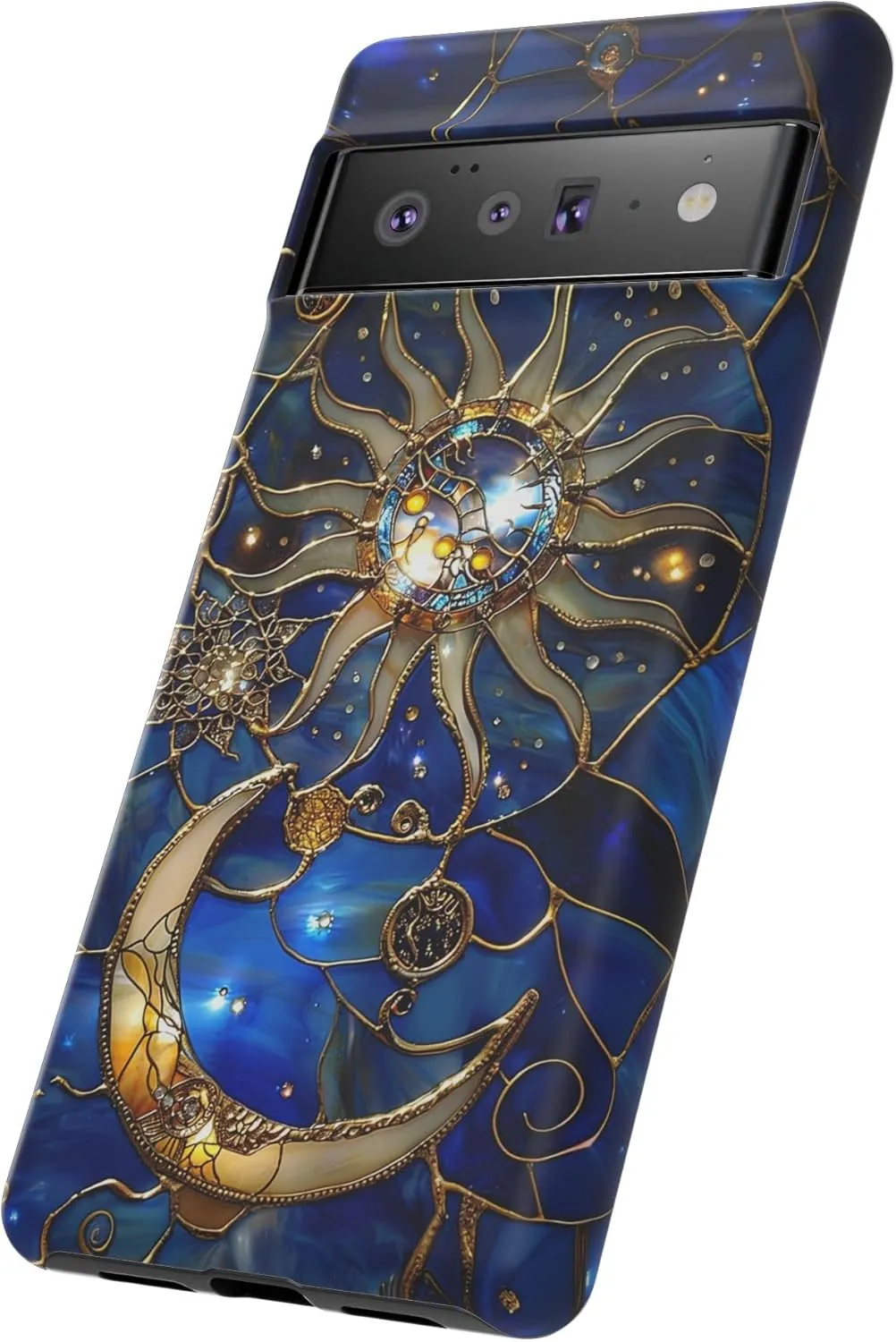 DelightfulCasesCo Compatible with iPhone 16/15/14/13   Most Other Models, Celestial Stained Glass Print Moon & Stars Phone Case, Faux Stain Glass Starry Night Sky Design Matte
