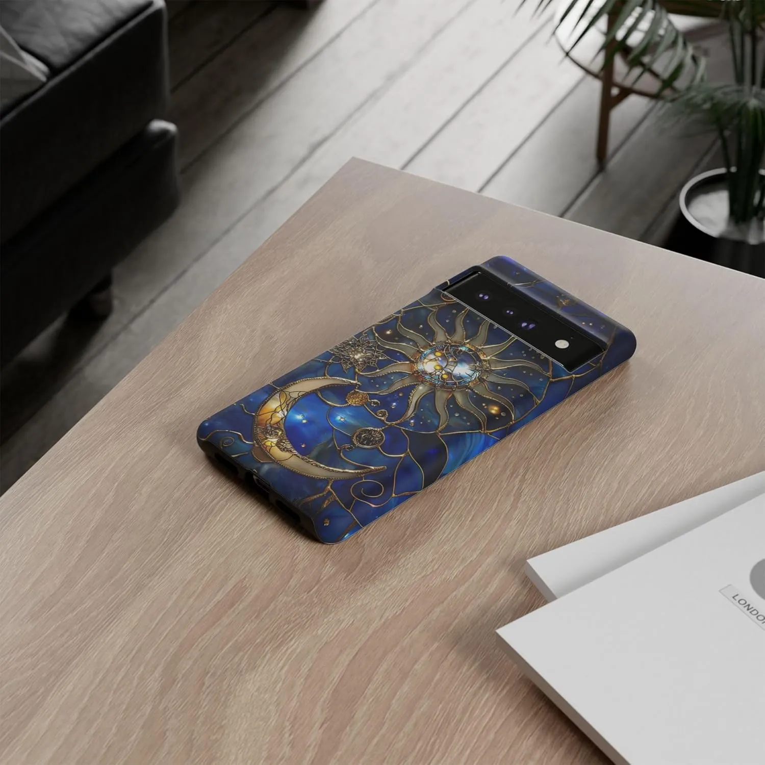 DelightfulCasesCo Compatible with iPhone 16/15/14/13   Most Other Models, Celestial Stained Glass Print Moon & Stars Phone Case, Faux Stain Glass Starry Night Sky Design Matte