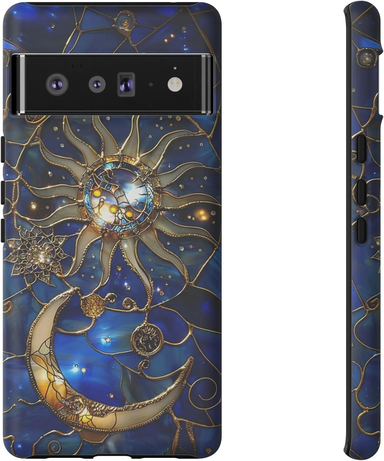 DelightfulCasesCo Compatible with iPhone 16/15/14/13   Most Other Models, Celestial Stained Glass Print Moon & Stars Phone Case, Faux Stain Glass Starry Night Sky Design Matte