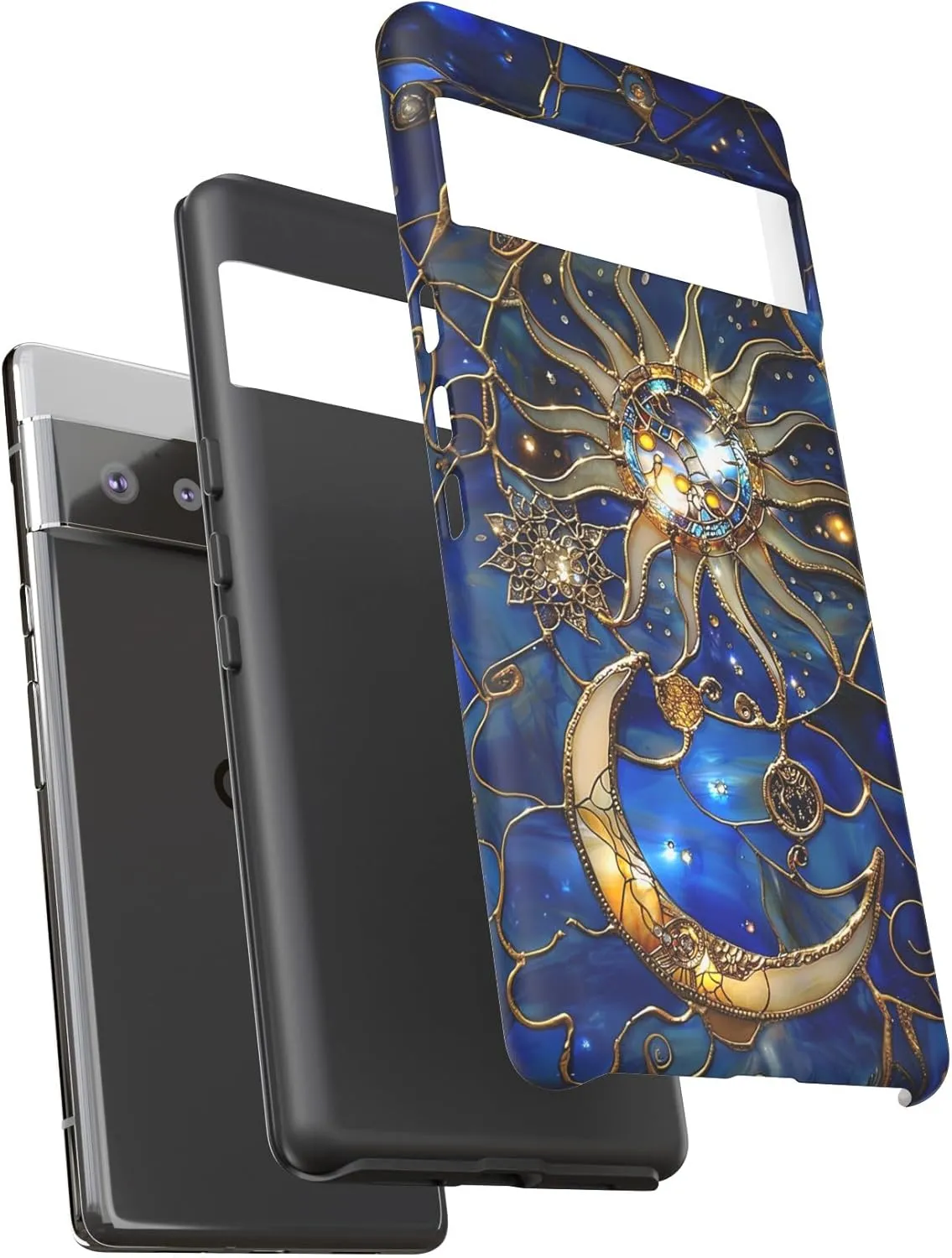 DelightfulCasesCo Compatible with iPhone 16/15/14/13   Most Other Models, Celestial Stained Glass Print Moon & Stars Phone Case, Faux Stain Glass Starry Night Sky Design Matte