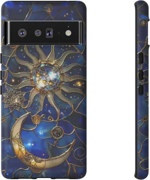DelightfulCasesCo Compatible with iPhone 16/15/14/13   Most Other Models, Celestial Stained Glass Print Moon & Stars Phone Case, Faux Stain Glass Starry Night Sky Design Matte