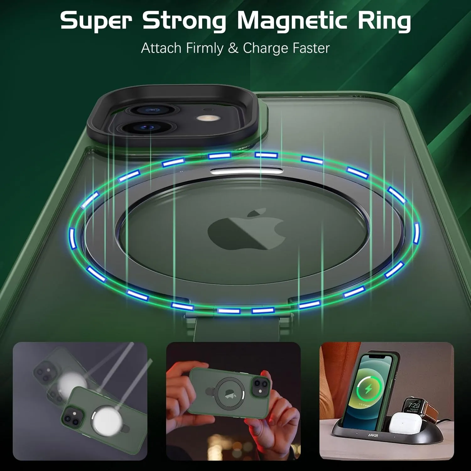 DOMAVER Magnetic Case for iPhone 12 and iPhone 12 Pro with Stand [Compatible with Magsafe] Shockpfoof Protective Cover Men Boys for iPhone 12/12 Pro 6.1 inch-Green