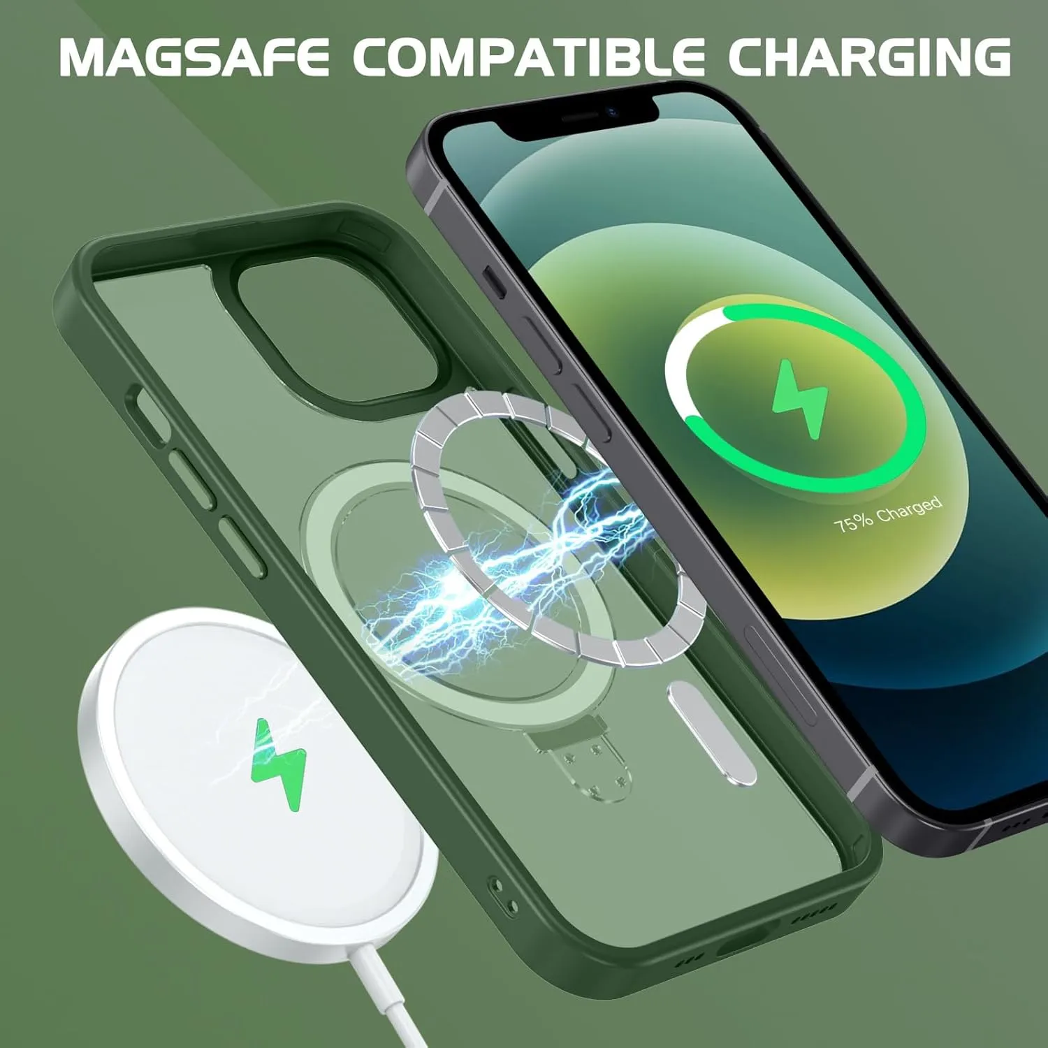 DOMAVER Magnetic Case for iPhone 12 and iPhone 12 Pro with Stand [Compatible with Magsafe] Shockpfoof Protective Cover Men Boys for iPhone 12/12 Pro 6.1 inch-Green
