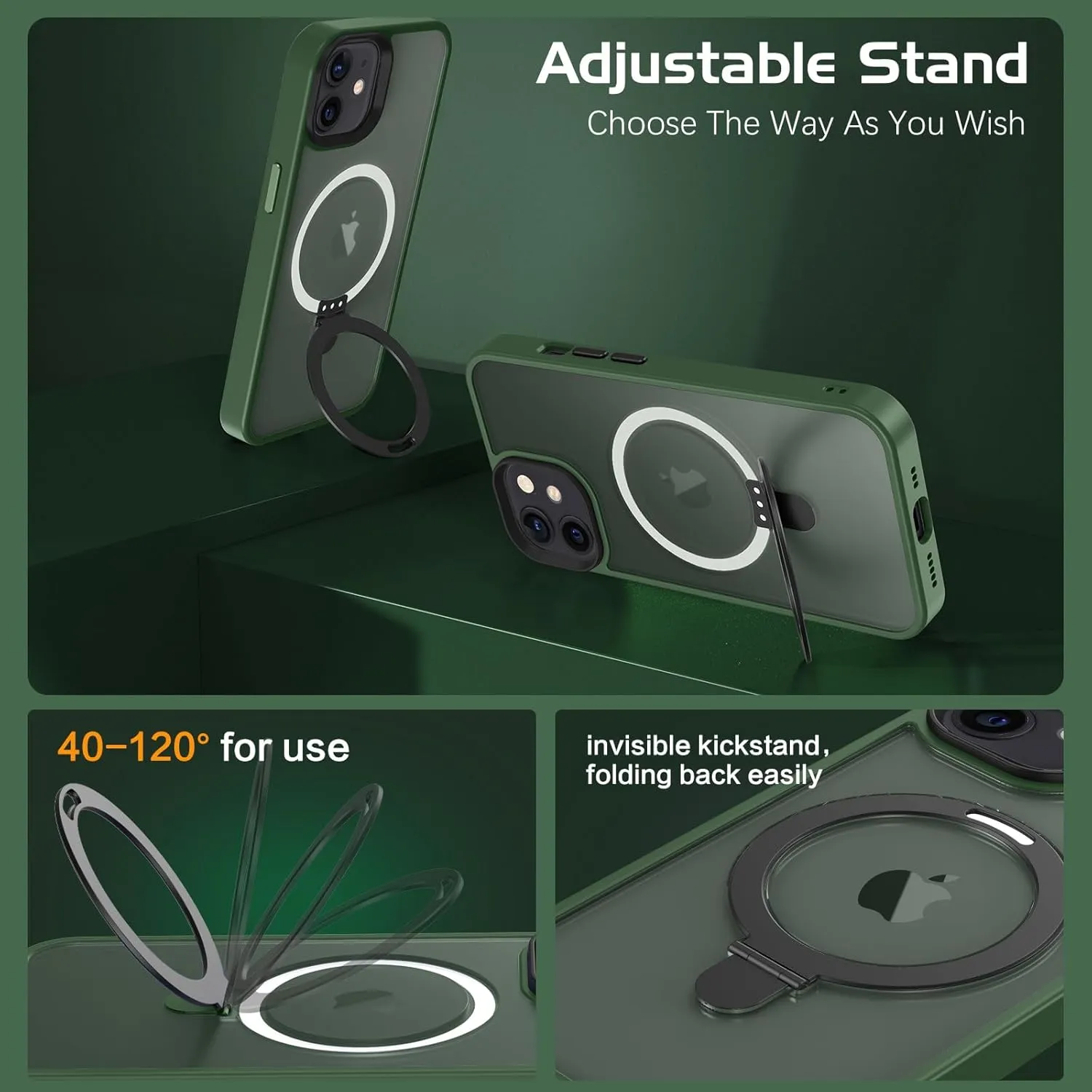DOMAVER Magnetic Case for iPhone 12 and iPhone 12 Pro with Stand [Compatible with Magsafe] Shockpfoof Protective Cover Men Boys for iPhone 12/12 Pro 6.1 inch-Green