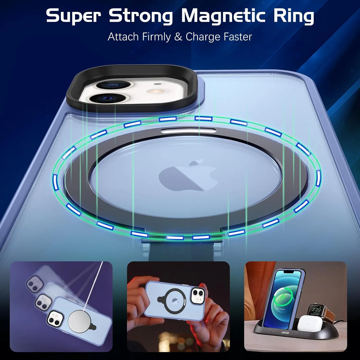 DOMAVER Magnetic Case for iPhone 12/12 Pro with Stand [Compatible with Magsafe] Matte Shockpfoof Protective Slim Cover with Kickstand for Men Boys- Blue