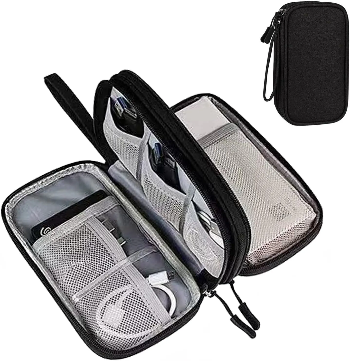 Electronic Travel Cable Organizer Pouch,Tech Bag,Portable Electronic Accessories Carry Case,Waterproof Double Layers Pouch for USB Drives,Power Adapter,Charger,Earphones etc,Black