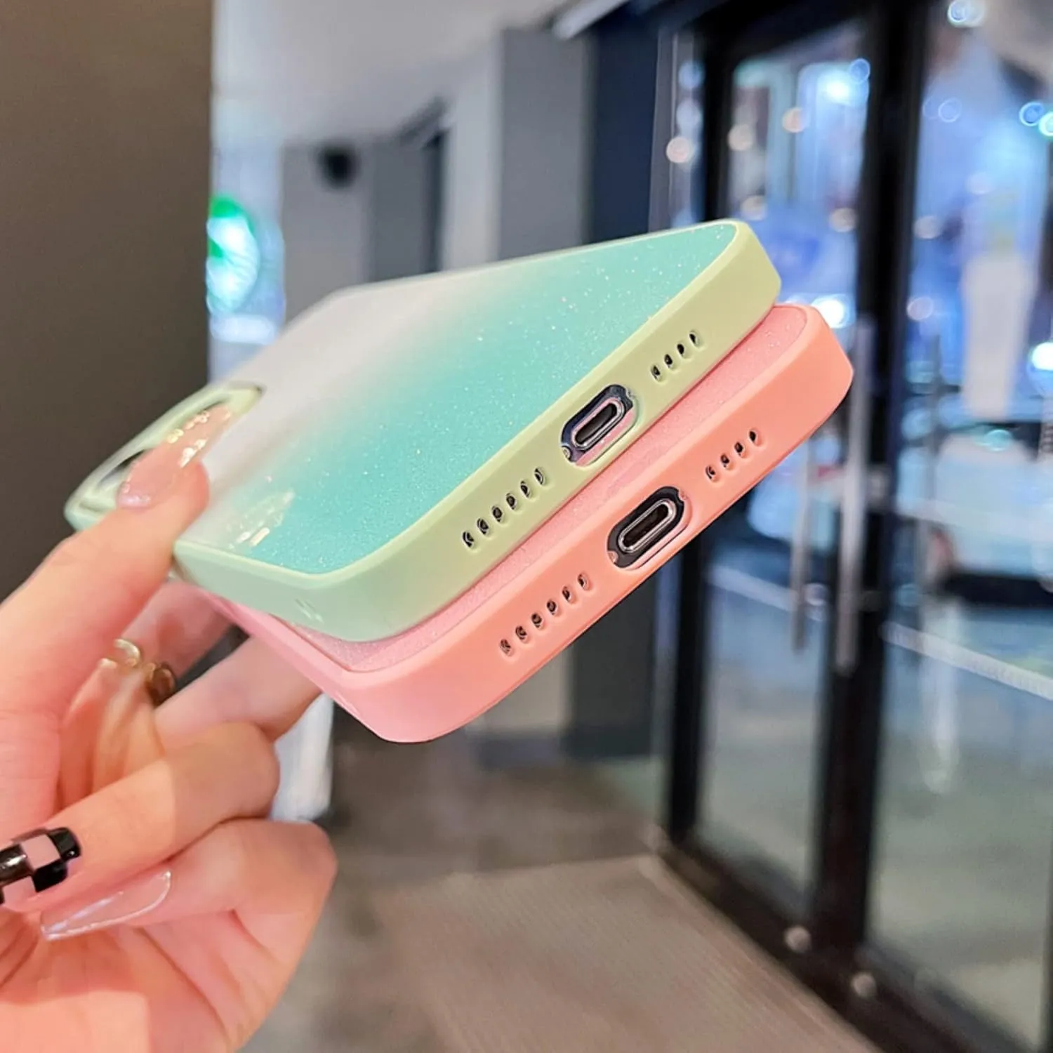 Exquisite Creative Gradient Glitter PC Phone Case for iPhone 14 13 12 11 Plus Pro Max Durable Bumper Bling Gorgeous Protector Cover(Cyan,12)