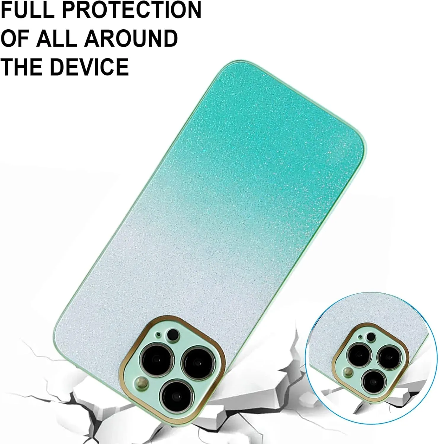 Exquisite Creative Gradient Glitter PC Phone Case for iPhone 14 13 12 11 Plus Pro Max Durable Bumper Bling Gorgeous Protector Cover(Cyan,12)