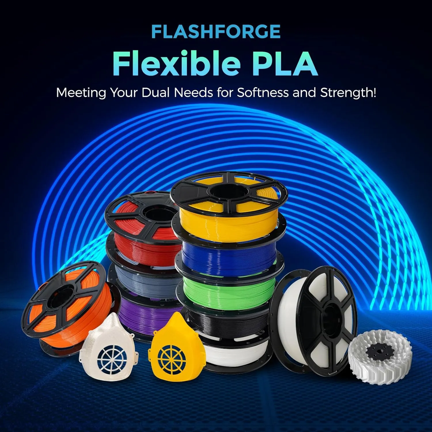 FLASHFORGE PLA Flexible 1.75 mm, 4X longer stretch 3D Printer Filament 1Kg (2.2lbs) Spool - Dimensional Accuracy  /- 0.02 mm, Ideal for Printing Soft Accessories