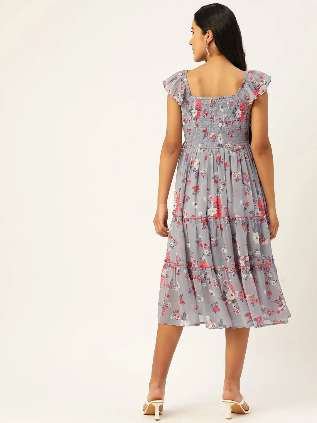 Floral Print Flutter Sleeves Georgette Midi Dress