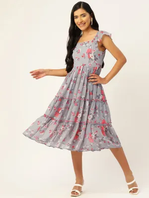 Floral Print Flutter Sleeves Georgette Midi Dress
