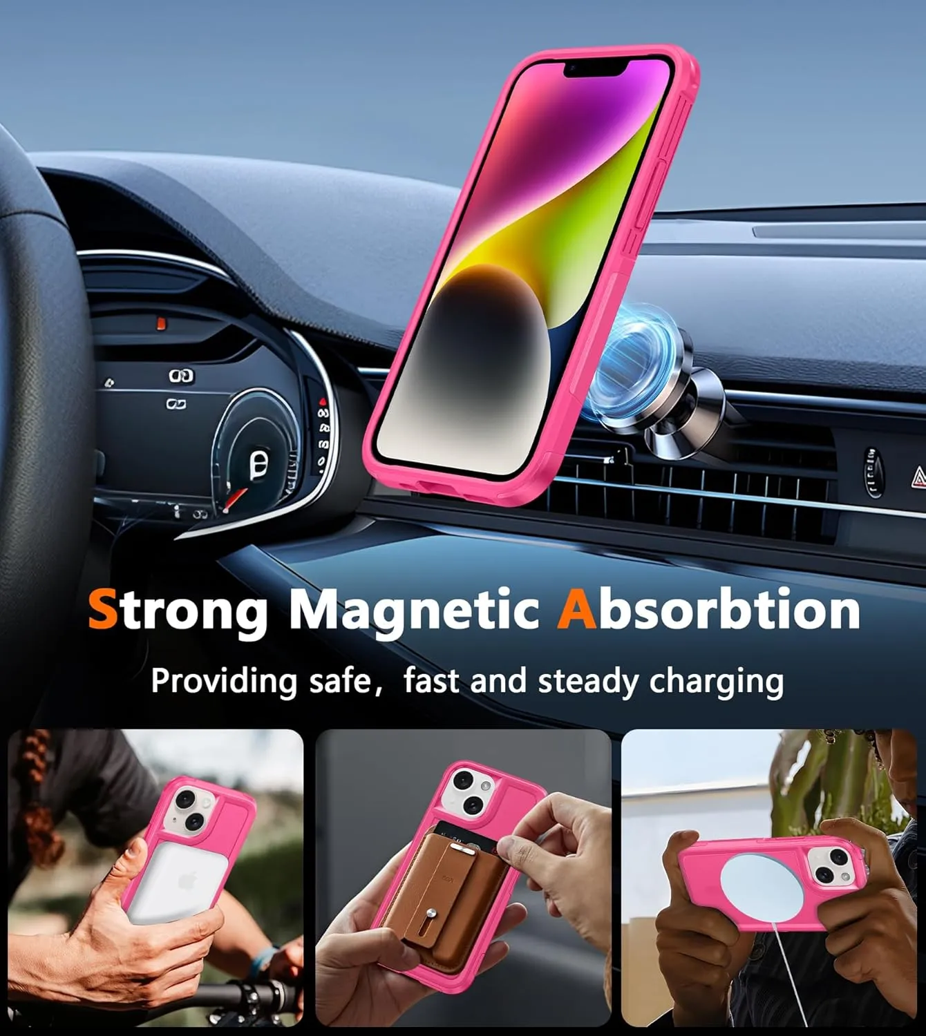 FNTCASE for iPhone 13/14 Magnet Case: iPhone 16e Magnetic Dual Layer Military Grade Drop Shockproof Protection Cell Phone Cover - Rugged Durable Heavy Duty Protective Bumper Tough Hot Pink