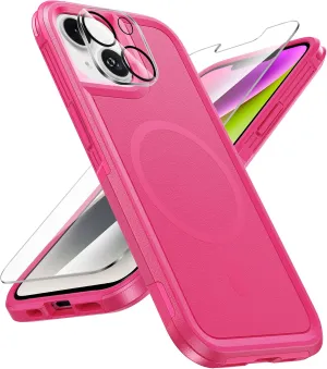 FNTCASE for iPhone 13/14 Magnet Case: iPhone 16e Magnetic Dual Layer Military Grade Drop Shockproof Protection Cell Phone Cover - Rugged Durable Heavy Duty Protective Bumper Tough Hot Pink