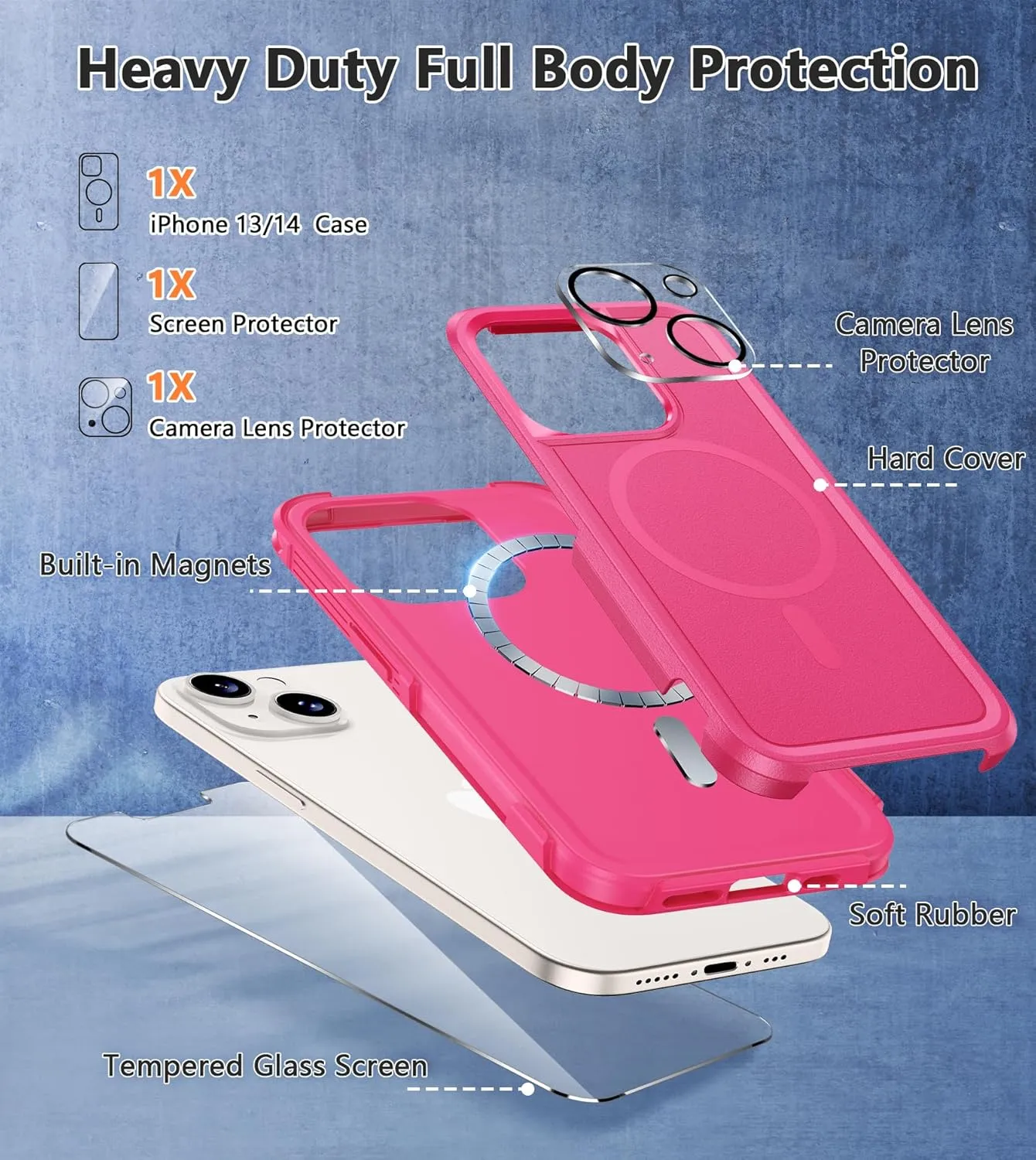 FNTCASE for iPhone 13/14 Magnet Case: iPhone 16e Magnetic Dual Layer Military Grade Drop Shockproof Protection Cell Phone Cover - Rugged Durable Heavy Duty Protective Bumper Tough Hot Pink