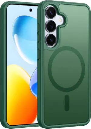 FNTCASE for Samsung Galaxy S25 Case: Magnetic Translucent Matte Shockproof Slim Cell Phone Cover - Military Grade Drop Proof Hard Back Anti-Fingerprint Protective Case (6.2 inch/Green)