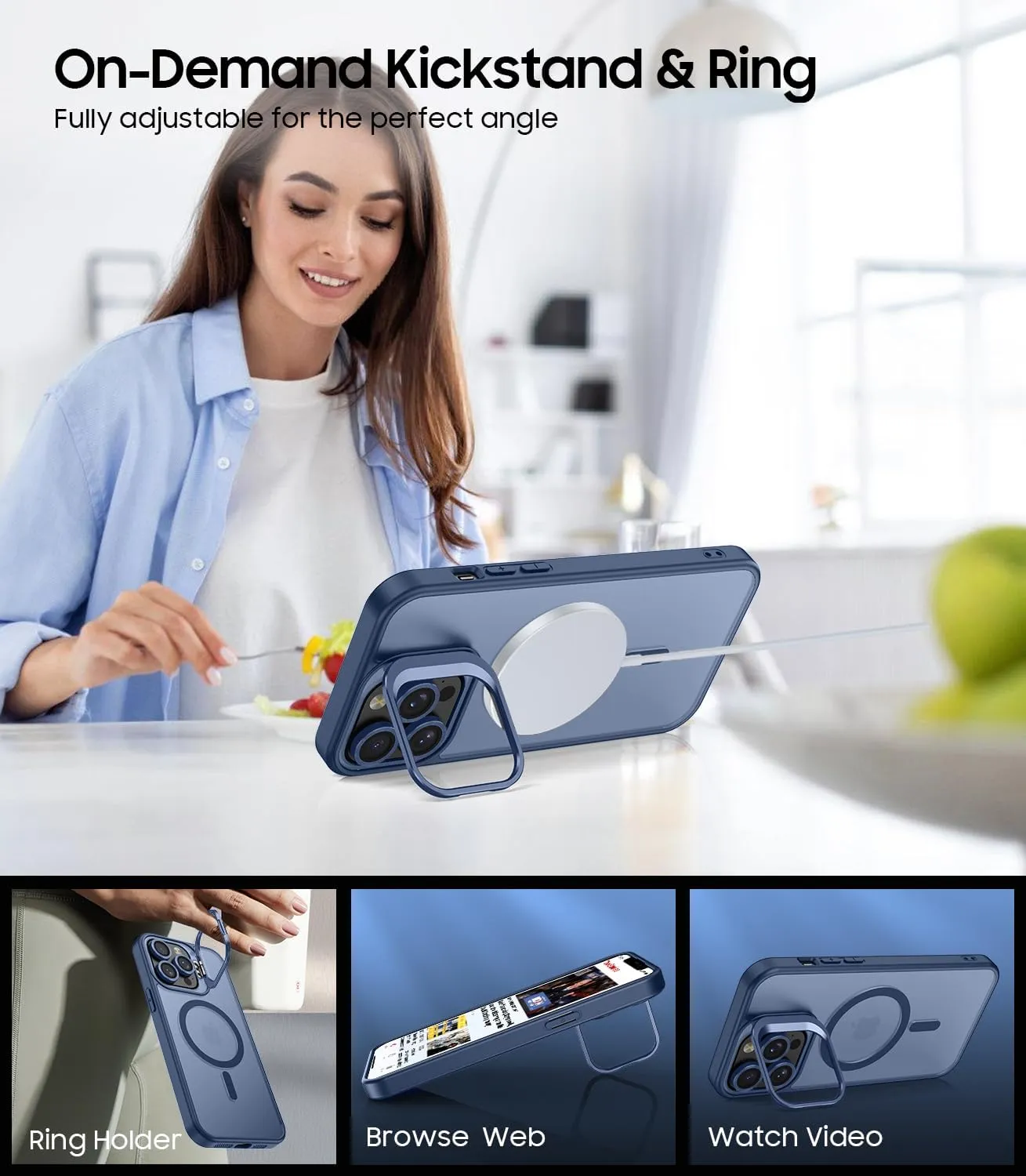 for iPhone 13 Pro Max Case, Compatible with MagSafe, Built-in Camera Ring Stand, with Individual Camera Cover, Translucent Matte Military-Grade Drop Protection Magnetic Case, Blue