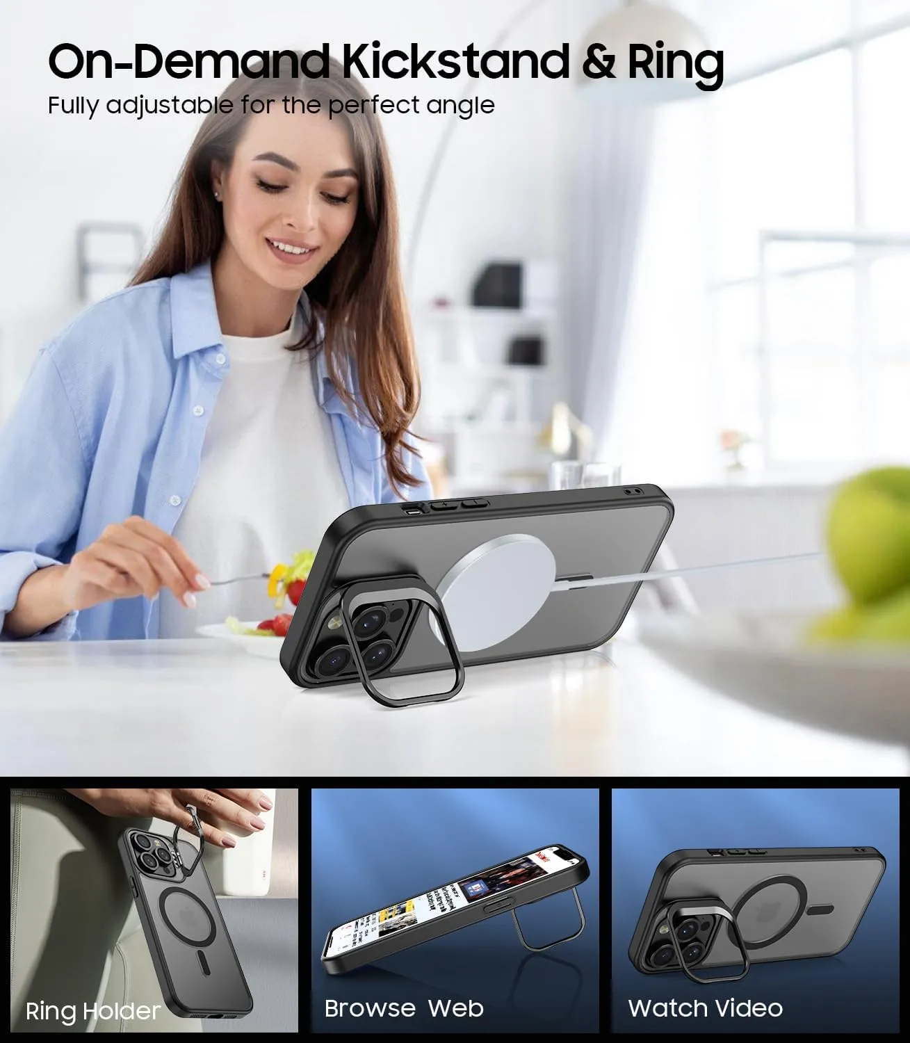 for iPhone 14 Pro Case, Compatible with MagSafe, Built-in Camera Ring Stand, with Individual Camera Cover, Translucent Matte Military-Grade Drop Protection Magnetic Case, Black